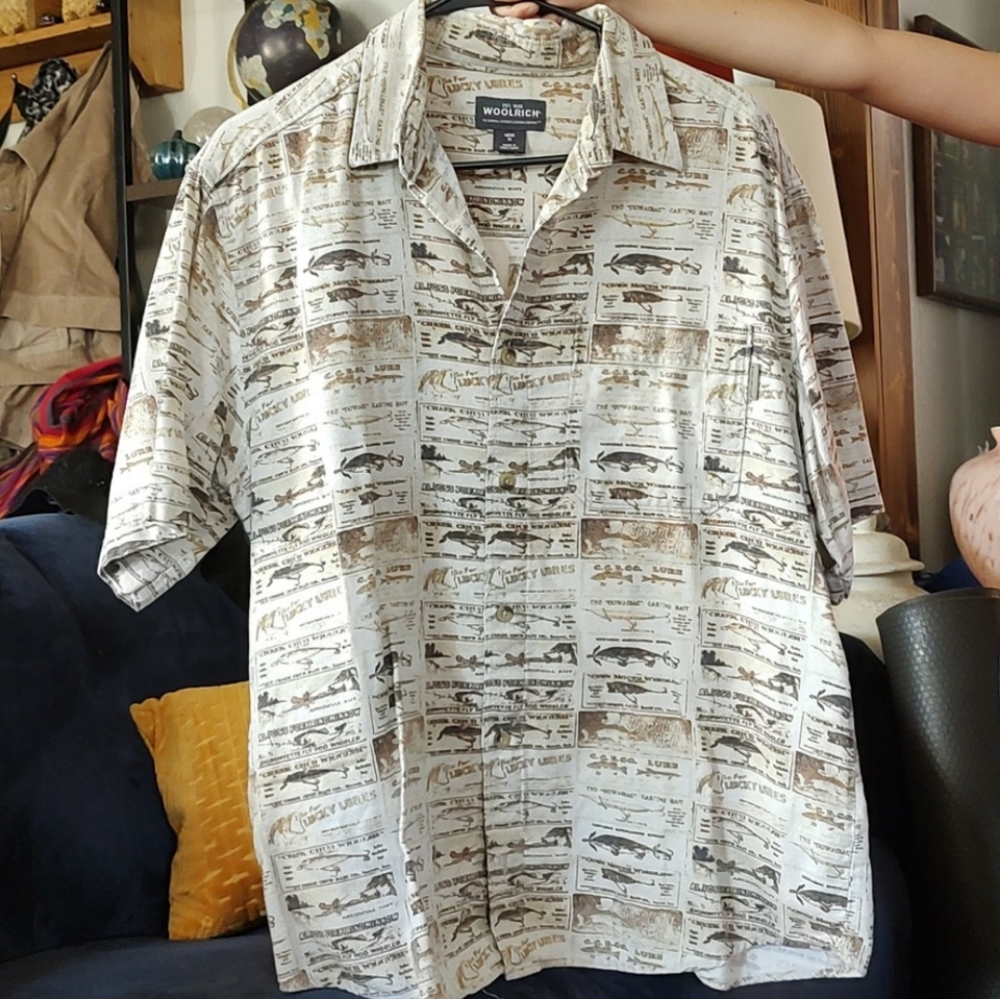 Woolrich Fishing Lures Tan Camp Button Down Shirt